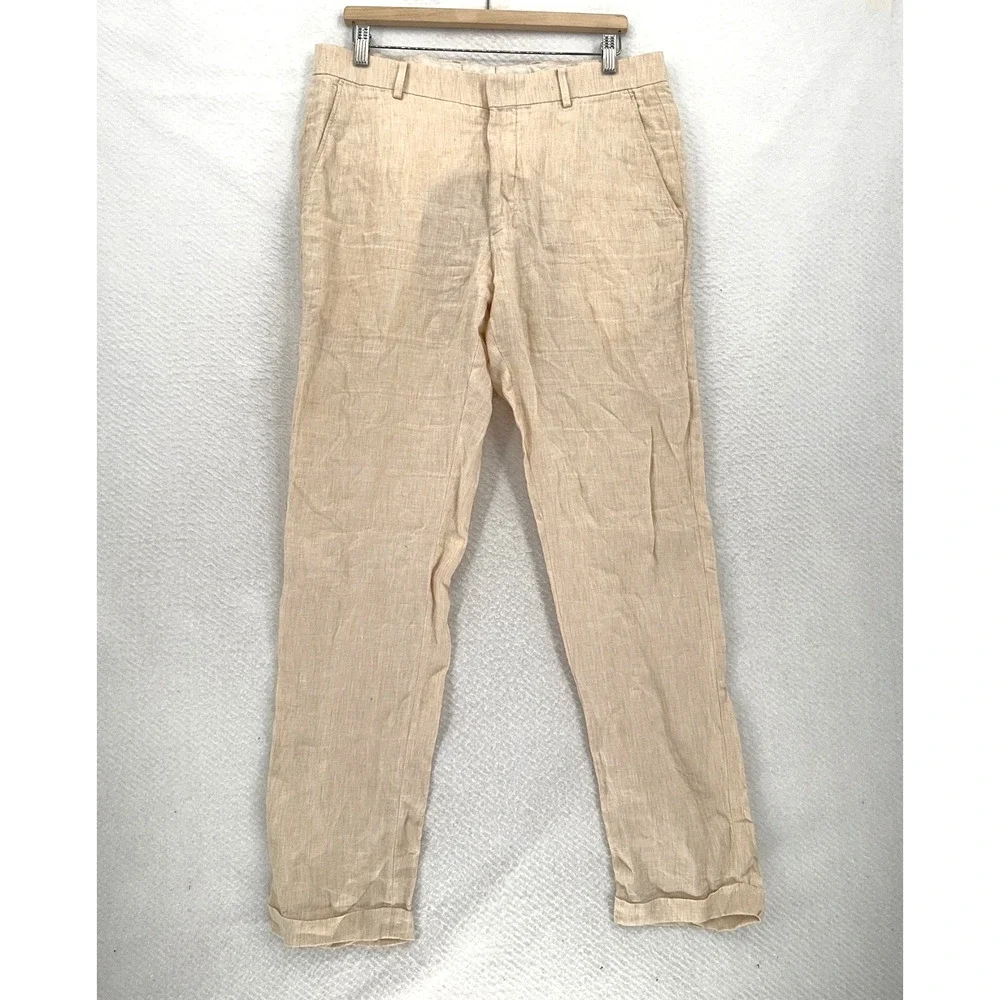 Baird McNutt Mens Beige Linen Murano Alex Fit Straight Leg Pants Sz 35x33